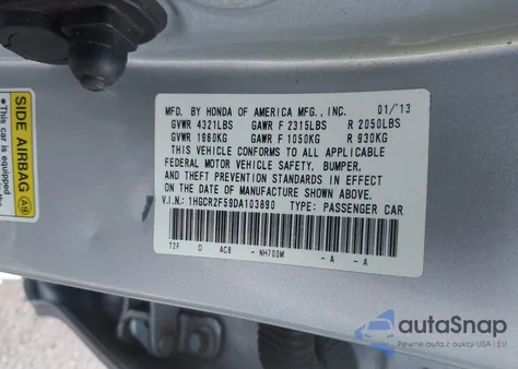 2013 Honda Accord Sport from USA, damaged, VIN 1HGCR2F59DA103890